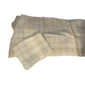 Vintage 100% LINEN 17x38" off white chambray blue window pane plaid table runner